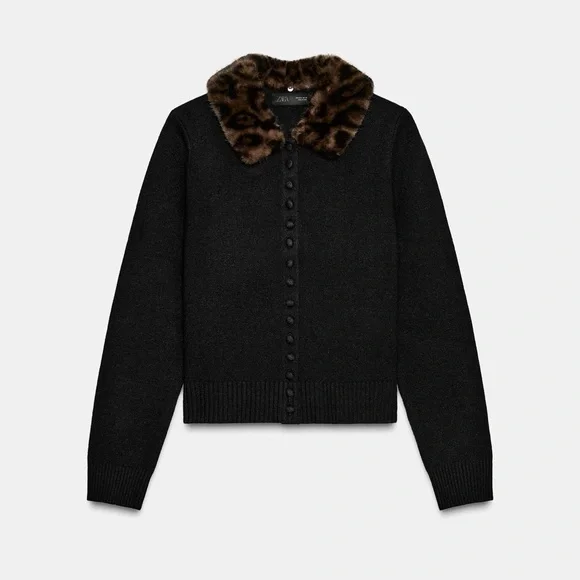 Zara Knit Cardigan with Leopard Faux Fur Collar - Black - Size M - Picture 2 of 6